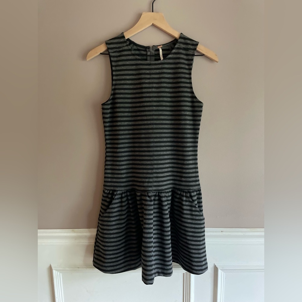 Free People Women’s Black and Grey Stripe Dress XS Tank Drop Waist Scoop Neck